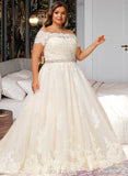 Harmony Ball-Gown/Princess Off-the-Shoulder Court Train Tulle Lace Wedding Dress With Beading Sequins UKP0017057