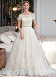 Harmony Ball-Gown/Princess Off-the-Shoulder Court Train Tulle Lace Wedding Dress With Beading Sequins UKP0017057