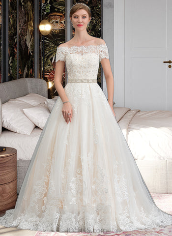 Harmony Ball-Gown/Princess Off-the-Shoulder Court Train Tulle Lace Wedding Dress With Beading Sequins UKP0017057