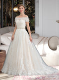 Harmony Ball-Gown/Princess Off-the-Shoulder Court Train Tulle Lace Wedding Dress With Beading Sequins UKP0017057