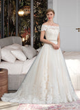 Harmony Ball-Gown/Princess Off-the-Shoulder Court Train Tulle Lace Wedding Dress With Beading Sequins UKP0017057