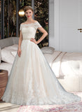 Harmony Ball-Gown/Princess Off-the-Shoulder Court Train Tulle Lace Wedding Dress With Beading Sequins UKP0017057