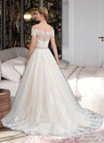 Harmony Ball-Gown/Princess Off-the-Shoulder Court Train Tulle Lace Wedding Dress With Beading Sequins UKP0017057