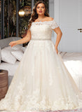 Harmony Ball-Gown/Princess Off-the-Shoulder Court Train Tulle Lace Wedding Dress With Beading Sequins UKP0017057