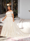 Harmony Ball-Gown/Princess Off-the-Shoulder Court Train Tulle Lace Wedding Dress With Beading Sequins UKP0017057