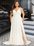 Maud A-Line V-neck Sweep Train Chiffon Lace Wedding Dress With Beading Sequins Split Front UKP0017058