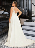 Maud A-Line V-neck Sweep Train Chiffon Lace Wedding Dress With Beading Sequins Split Front UKP0017058