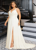 Maud A-Line V-neck Sweep Train Chiffon Lace Wedding Dress With Beading Sequins Split Front UKP0017058