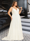 Maud A-Line V-neck Sweep Train Chiffon Lace Wedding Dress With Beading Sequins Split Front UKP0017058