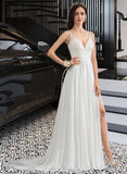 Maud A-Line V-neck Sweep Train Chiffon Lace Wedding Dress With Beading Sequins Split Front UKP0017058