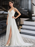 Maud A-Line V-neck Sweep Train Chiffon Lace Wedding Dress With Beading Sequins Split Front UKP0017058