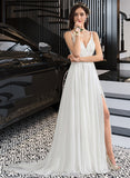 Maud A-Line V-neck Sweep Train Chiffon Lace Wedding Dress With Beading Sequins Split Front UKP0017058