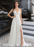 Maud A-Line V-neck Sweep Train Chiffon Lace Wedding Dress With Beading Sequins Split Front UKP0017058