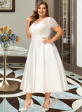 Layla A-Line V-neck Tea-Length Satin Lace Wedding Dress With Ruffle Pockets UKP0017061