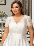 Layla A-Line V-neck Tea-Length Satin Lace Wedding Dress With Ruffle Pockets UKP0017061