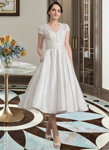 Layla A-Line V-neck Tea-Length Satin Lace Wedding Dress With Ruffle Pockets UKP0017061