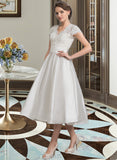 Layla A-Line V-neck Tea-Length Satin Lace Wedding Dress With Ruffle Pockets UKP0017061