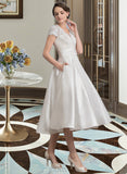 Layla A-Line V-neck Tea-Length Satin Lace Wedding Dress With Ruffle Pockets UKP0017061