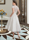 Layla A-Line V-neck Tea-Length Satin Lace Wedding Dress With Ruffle Pockets UKP0017061