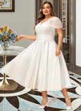 Layla A-Line V-neck Tea-Length Satin Lace Wedding Dress With Ruffle Pockets UKP0017061