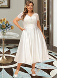 Layla A-Line V-neck Tea-Length Satin Lace Wedding Dress With Ruffle Pockets UKP0017061