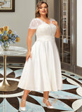 Layla A-Line V-neck Tea-Length Satin Lace Wedding Dress With Ruffle Pockets UKP0017061