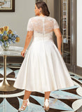 Layla A-Line V-neck Tea-Length Satin Lace Wedding Dress With Ruffle Pockets UKP0017061