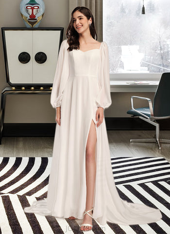 Jessica A-Line V-neck Chapel Train Chiffon Wedding Dress With Split Front UKP0017062