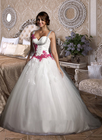 Averi Ball-Gown/Princess Sweetheart Chapel Train Satin Tulle Wedding Dress With Ruffle Appliques Lace Bow(s) UKP0017063