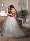 Averi Ball-Gown/Princess Sweetheart Chapel Train Satin Tulle Wedding Dress With Ruffle Appliques Lace Bow(s) UKP0017063