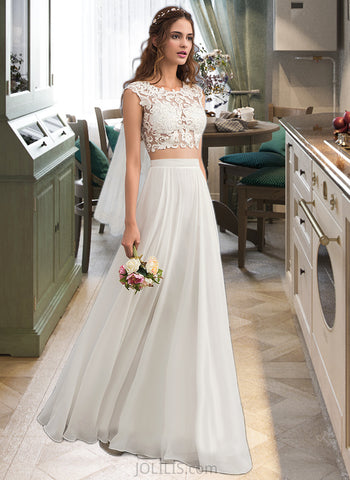 Sloane A-Line Scoop Neck Floor-Length Chiffon Lace Wedding Dress With Beading Sequins UKP0017064