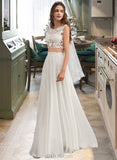 Sloane A-Line Scoop Neck Floor-Length Chiffon Lace Wedding Dress With Beading Sequins UKP0017064