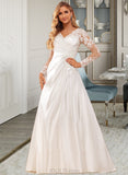 Thea A-Line V-neck Court Train Satin Lace Wedding Dress With Lace Sequins UKP0017065