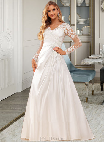 Thea A-Line V-neck Court Train Satin Lace Wedding Dress With Lace Sequins UKP0017065