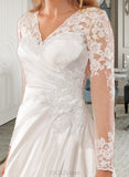 Thea A-Line V-neck Court Train Satin Lace Wedding Dress With Lace Sequins UKP0017065