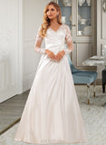 Thea A-Line V-neck Court Train Satin Lace Wedding Dress With Lace Sequins UKP0017065