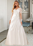 Thea A-Line V-neck Court Train Satin Lace Wedding Dress With Lace Sequins UKP0017065