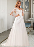 Thea A-Line V-neck Court Train Satin Lace Wedding Dress With Lace Sequins UKP0017065