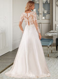 Thea A-Line V-neck Court Train Satin Lace Wedding Dress With Lace Sequins UKP0017065