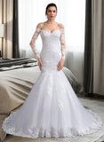 Lilliana Trumpet/Mermaid Off-the-Shoulder Court Train Tulle Lace Wedding Dress With Beading Sequins UKP0017066