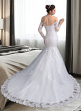 Lilliana Trumpet/Mermaid Off-the-Shoulder Court Train Tulle Lace Wedding Dress With Beading Sequins UKP0017066