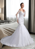 Lilliana Trumpet/Mermaid Off-the-Shoulder Court Train Tulle Lace Wedding Dress With Beading Sequins UKP0017066