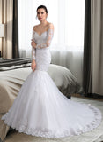 Lilliana Trumpet/Mermaid Off-the-Shoulder Court Train Tulle Lace Wedding Dress With Beading Sequins UKP0017066