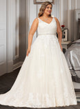 Ida Ball-Gown/Princess V-neck Court Train Tulle Lace Wedding Dress With Beading Sequins UKP0017067