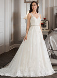 Ida Ball-Gown/Princess V-neck Court Train Tulle Lace Wedding Dress With Beading Sequins UKP0017067