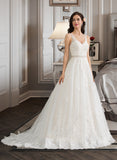 Ida Ball-Gown/Princess V-neck Court Train Tulle Lace Wedding Dress With Beading Sequins UKP0017067