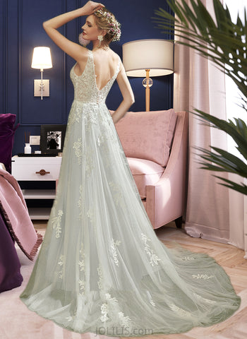 Gillian A-Line V-neck Court Train Tulle Wedding Dress With Lace UKP0017068