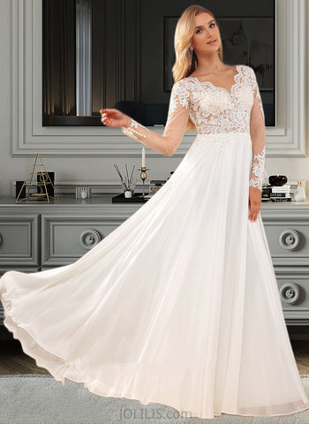 Kaylyn A-Line V-neck Floor-Length Chiffon Lace Wedding Dress With Lace Sequins UKP0017070