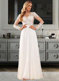 Kaylyn A-Line V-neck Floor-Length Chiffon Lace Wedding Dress With Lace Sequins UKP0017070