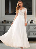 Kaylyn A-Line V-neck Floor-Length Chiffon Lace Wedding Dress With Lace Sequins UKP0017070